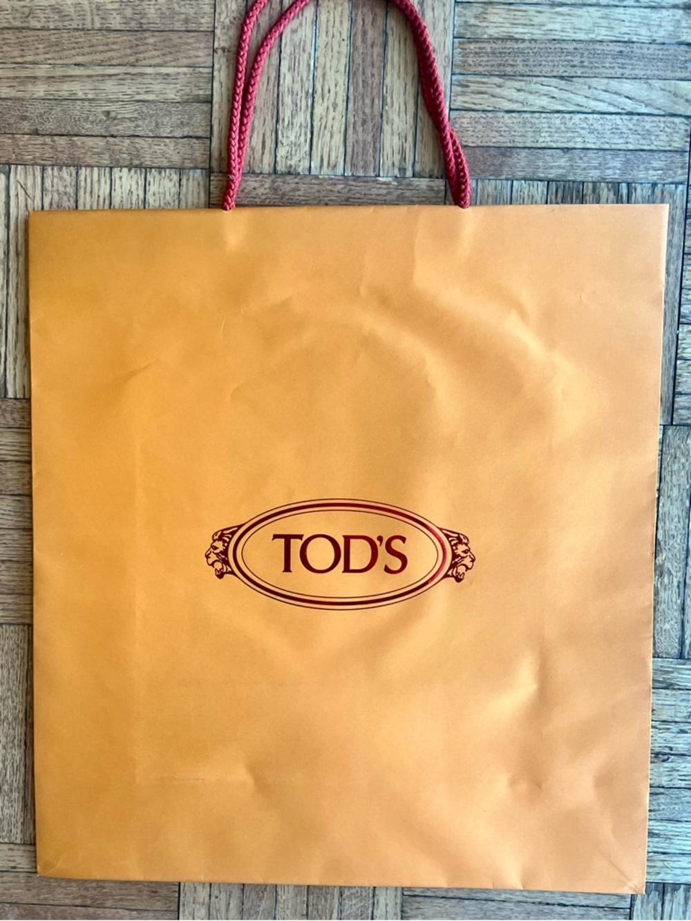 TOD'S Orange Paper Shopper with Red Logo and Rope Handles